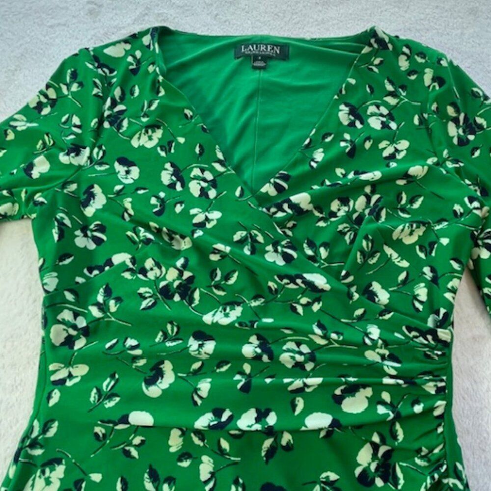 Lauren Ralph Lauren New w/ Tags Green, Black & White Shirred Wrap Dress- Size 2 - Picture 3 of 11